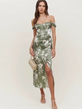 Reformation Genesis Silk Green Floral Dress